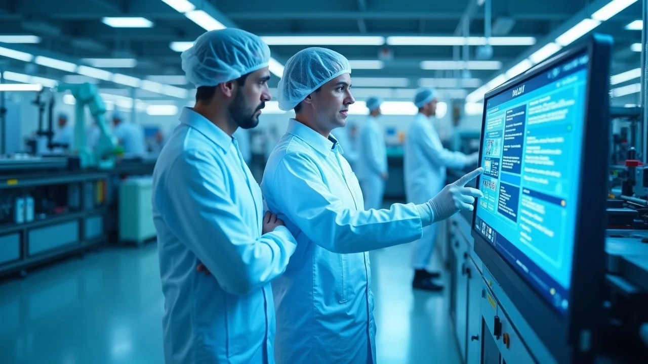 AI automated optical inspection in an advanced electronics manufacturing factory with engineers and AOI machine