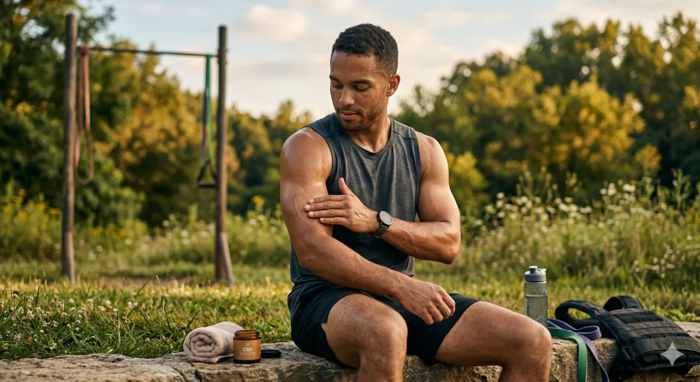 Athlete applying CBD topical after workout as part of a physical recovery routine with focus on muscle and joint support