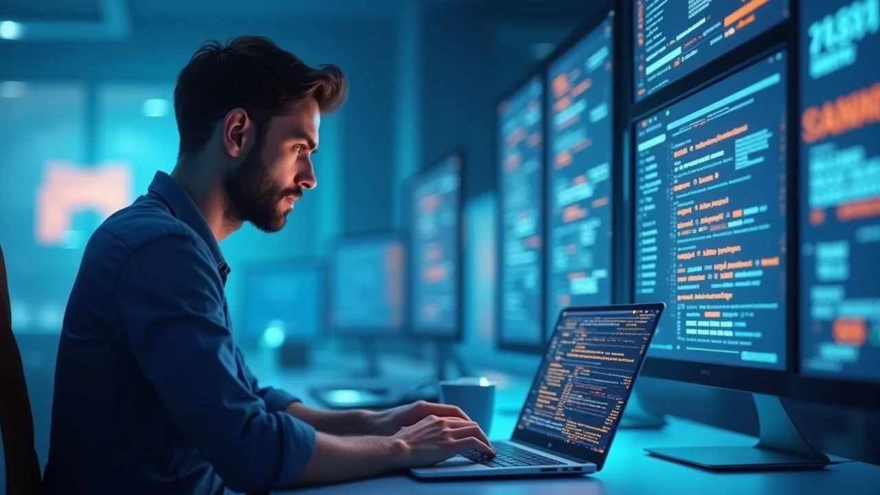 Startup founder analyzing AI search visibility audit guide results on laptop in modern workspace