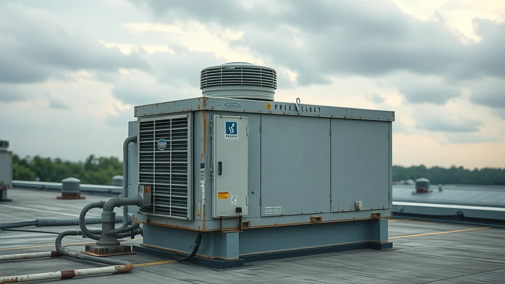 Weathered commercial HVAC unit exposed to Virginia's humid summer climate showing corrosion and wear