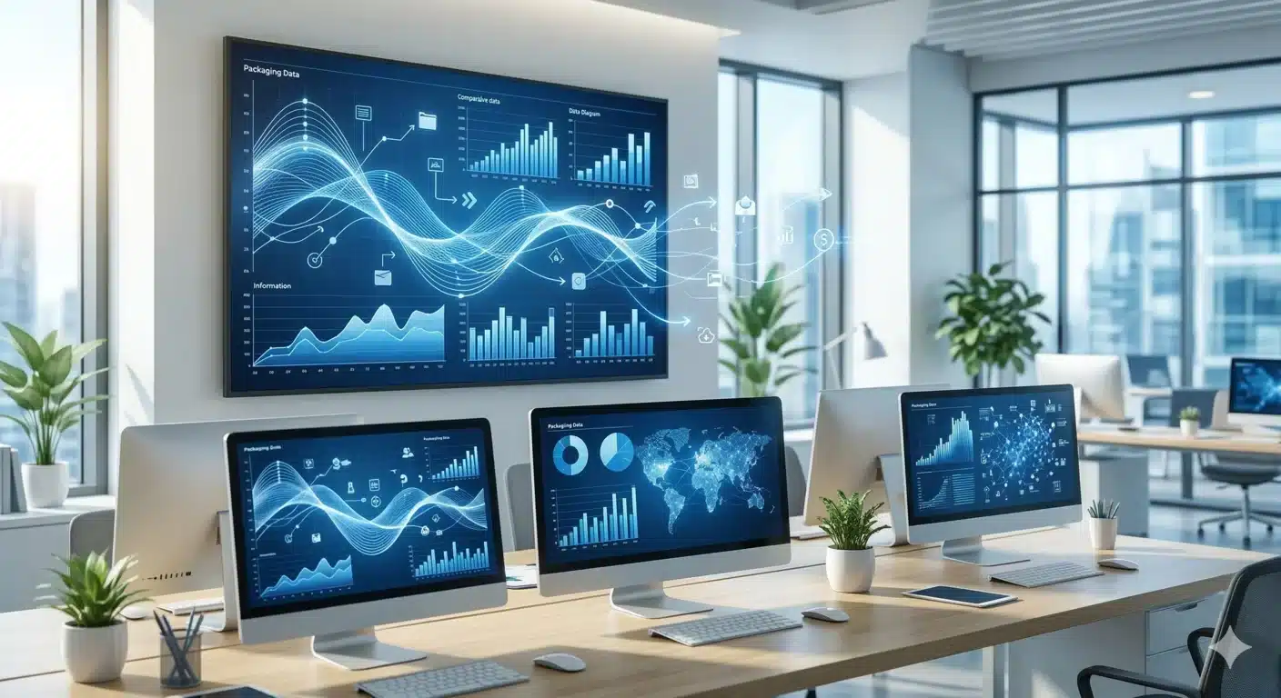 Infographic displaying data trends related to the future of packaging industry, charts, graphs, and dynamic digital elements in a professional office setting