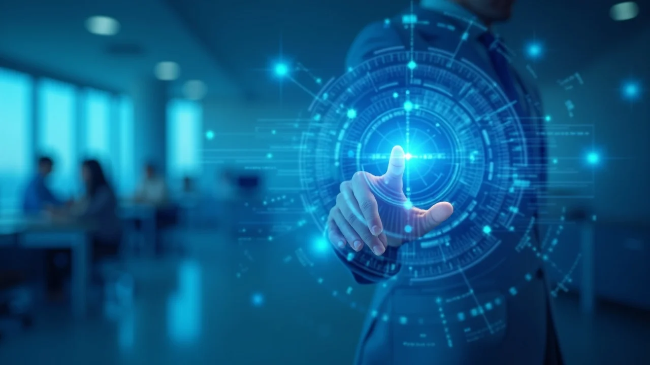 Futuristic AI interface with glowing digital citation markers highlighting Orange County business logos