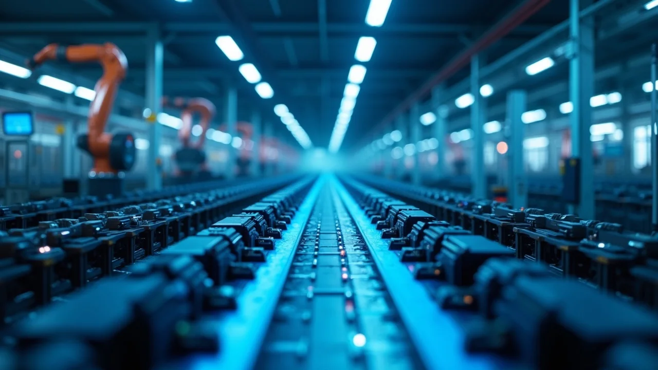 Futuristic manufacturing facility focused on wire processing automation with advanced automated lines and robotic arms in motion