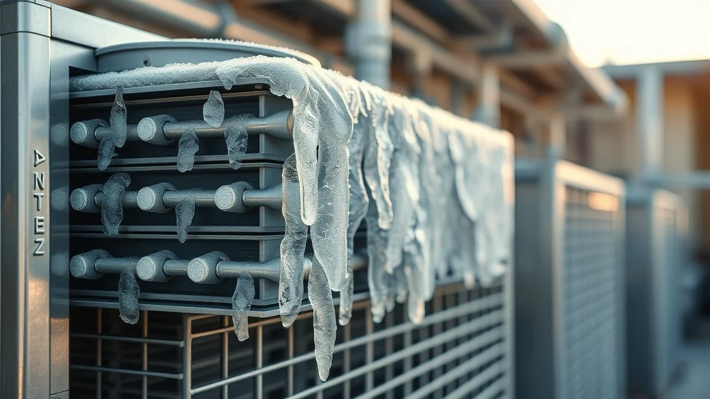 Ice buildup on commercial HVAC evaporator coil indicating a critical maintenance issue