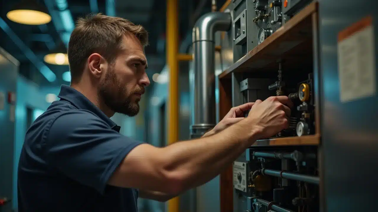 Experienced HVAC technician performing routine maintenance on commercial HVAC system