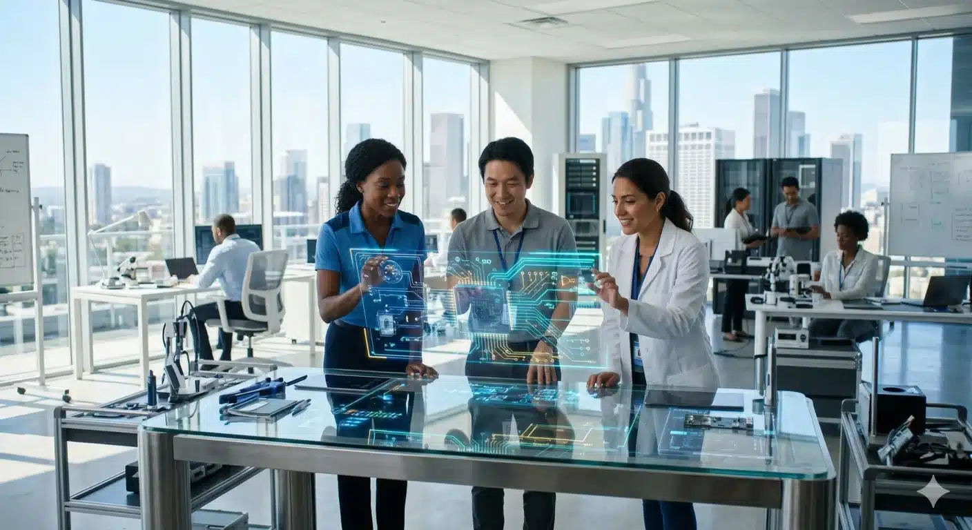 AI hardware validation expert insights in a futuristic hardware design lab with engineers collaborating around holographic circuit schematics
