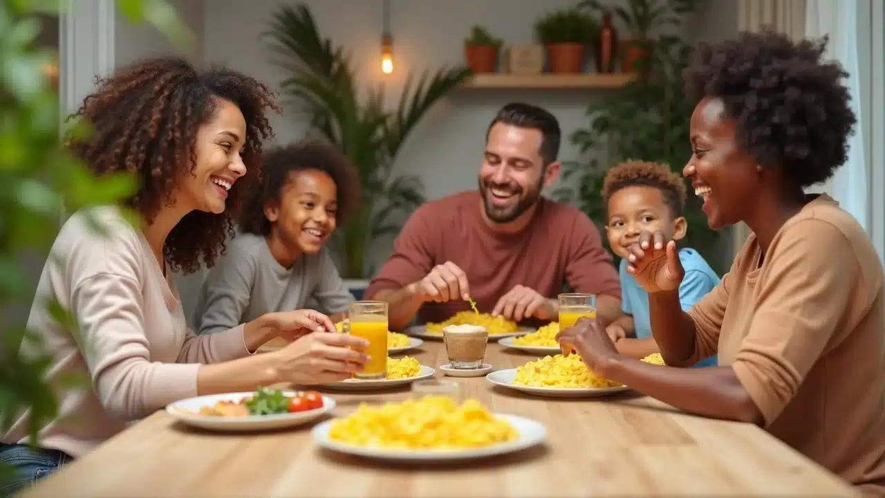 Diverse family happily eating vegan scrambled Crackd eggs around breakfast table