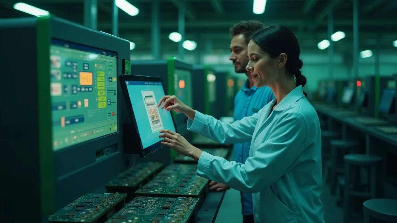Professional operator adjusting AI automated optical inspection system parameters during electronics production