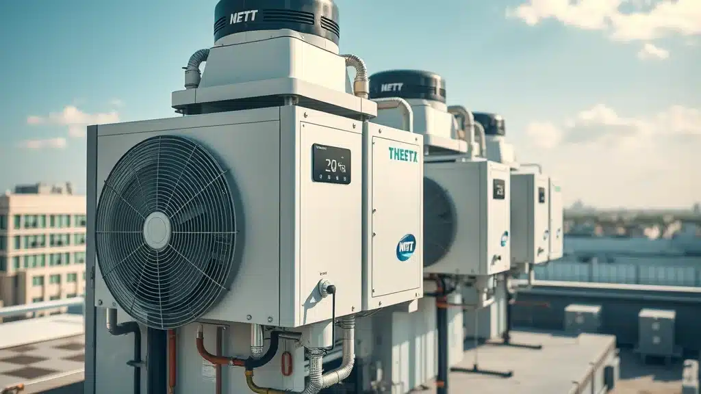 Rooftop HVAC units with visible fans and digital displays, emphasizing energy efficiency and maintenance for commercial buildings in Virginia.
