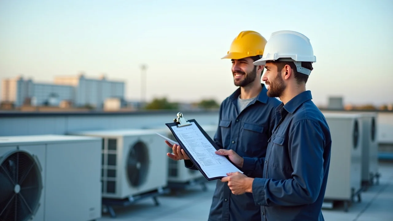 HVAC maintenance team reviewing commercial HVAC maintenance Virginia checklist on rooftop