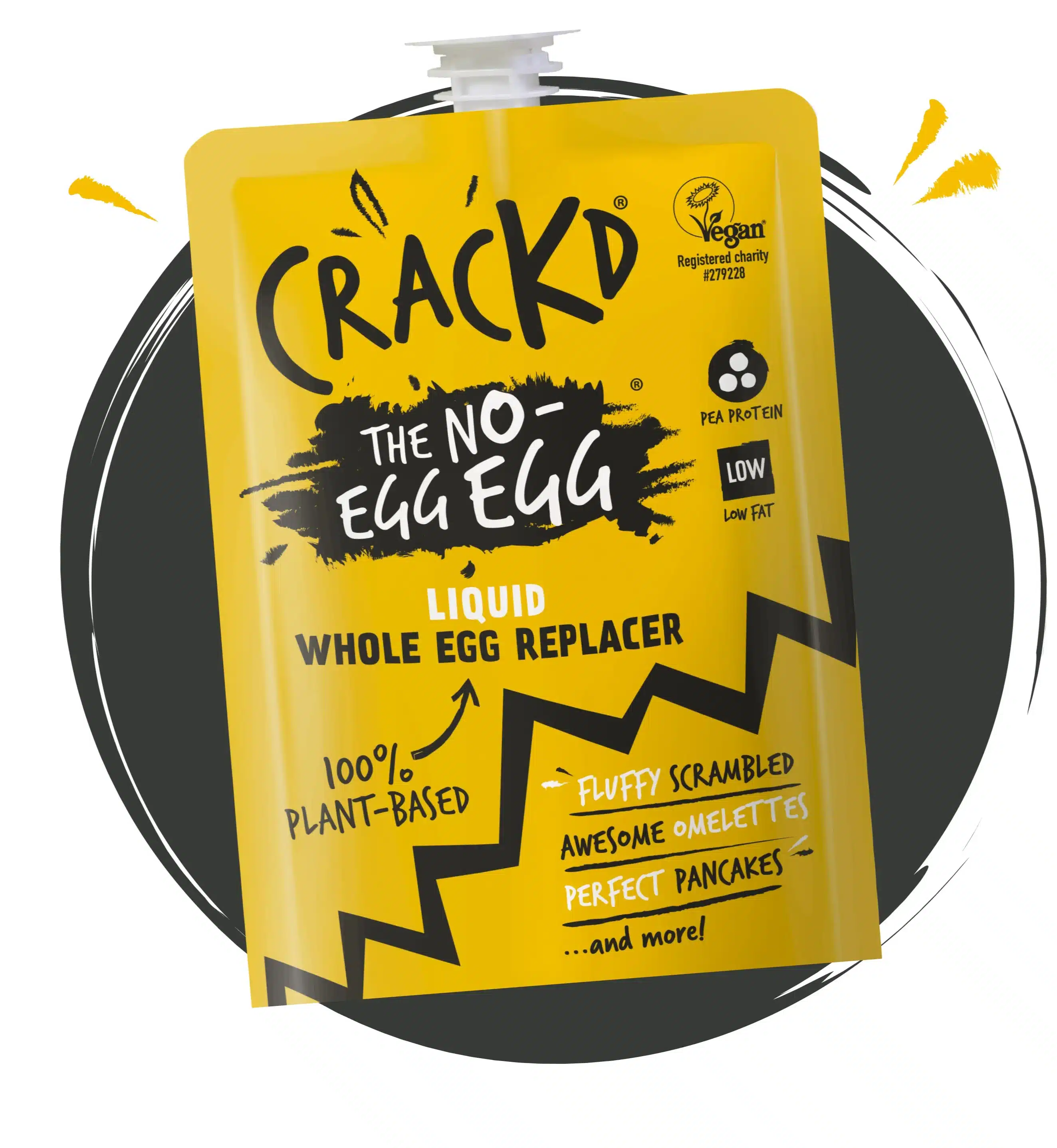 Pouring Crackd egg substitute from pouch into bowl in a sunlit kitchen