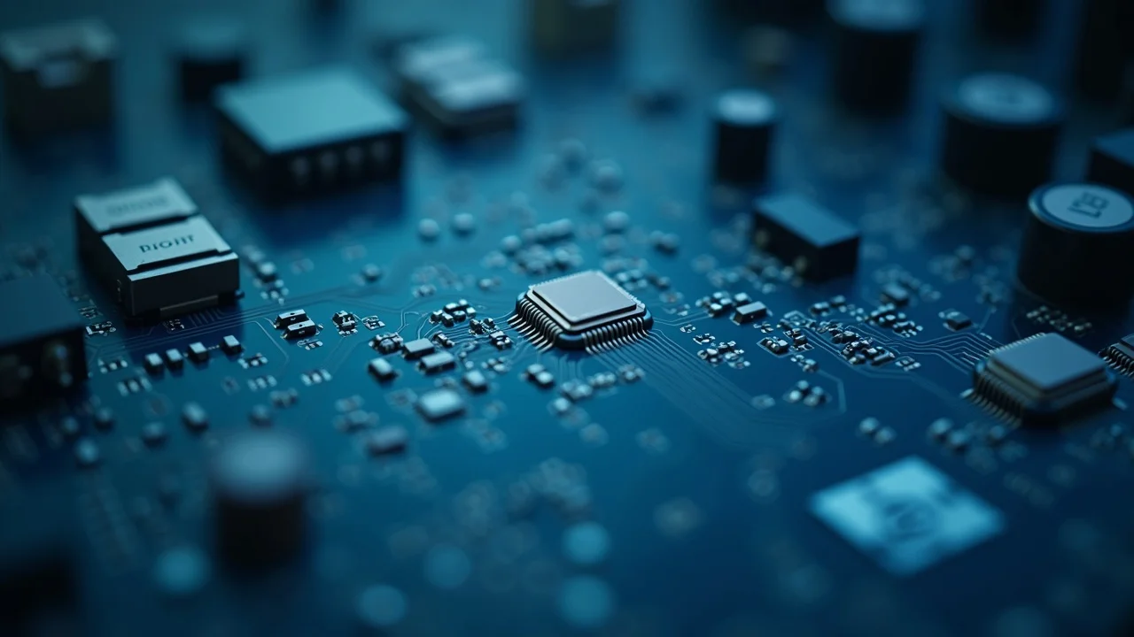 Photorealistic electronic PCB showing defect callouts highlighting missing and crooked parts, demonstrating AI automated optical inspection