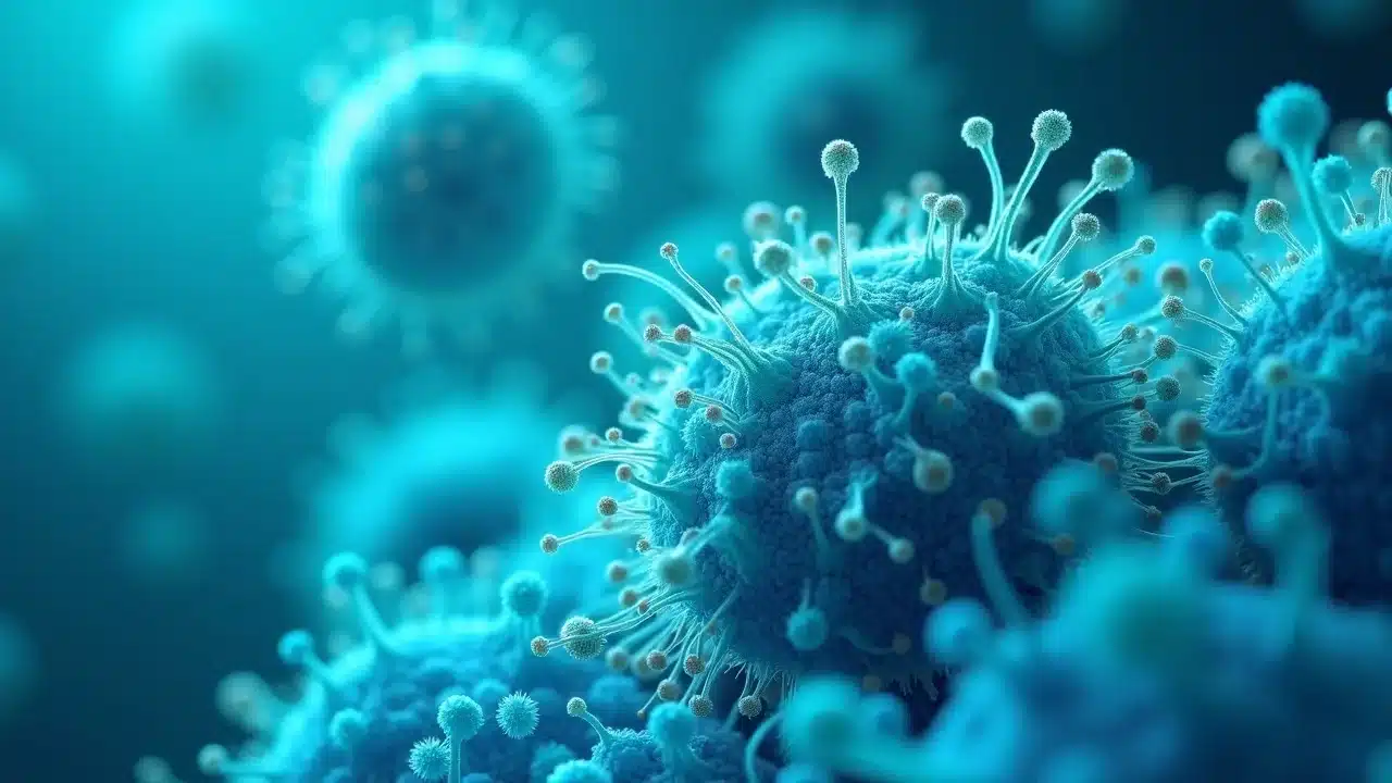 Microbial structures representing the oral microbiome, illustrating the importance of beneficial bacteria for oral health and gum care.