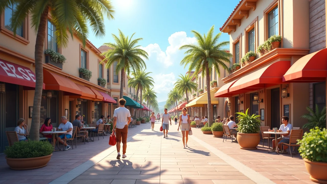 Vibrant Orange County streetscape featuring local small businesses and technology icons