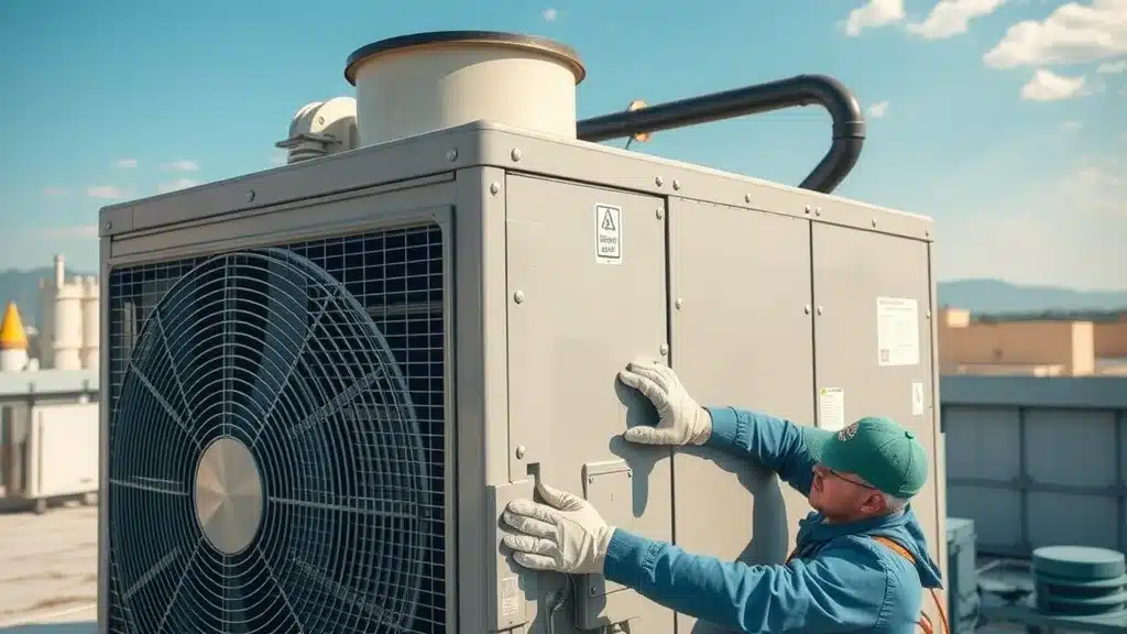 Technician inspecting commercial HVAC unit on rooftop, emphasizing importance of maintenance for efficiency and reliability in Virginia's summer heat.
