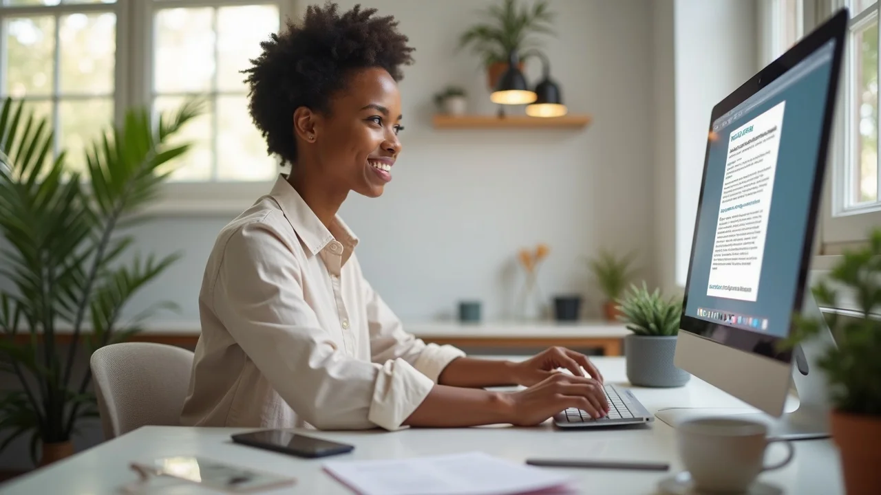 Orange County content creator typing expert FAQ article focused on AI business discovery