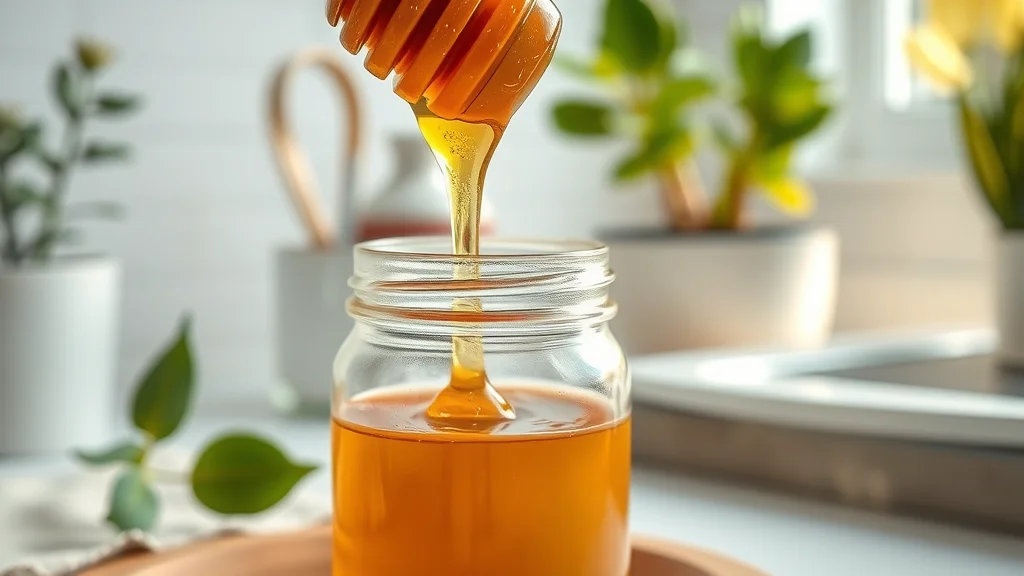 Close-up macro shot of raw honey dripping from a honey dipper into a glass jar symbolizing organic and raw honey products