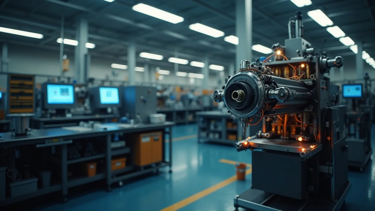 Detailed wire processing machine in operation showing automatic stripping and crimping of wires in a modern factory setting