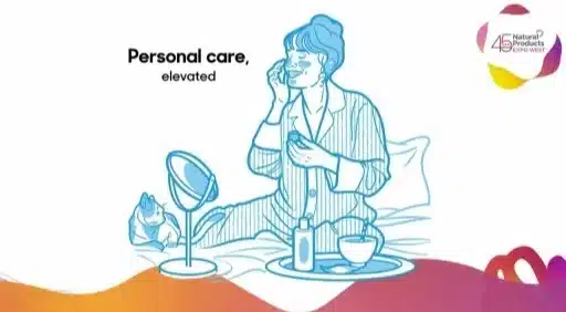 Illustration of a woman applying skincare in pajamas, sitting on a bed with a mirror and personal care products, accompanied by a cat, emphasizing elevated personal care.