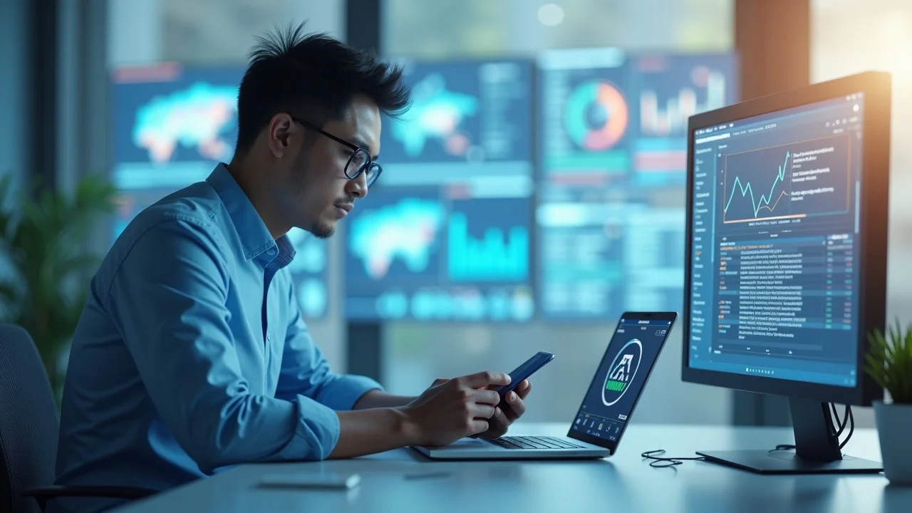 Startup founder auditing AI search results on laptop and smartphone in modern tech office