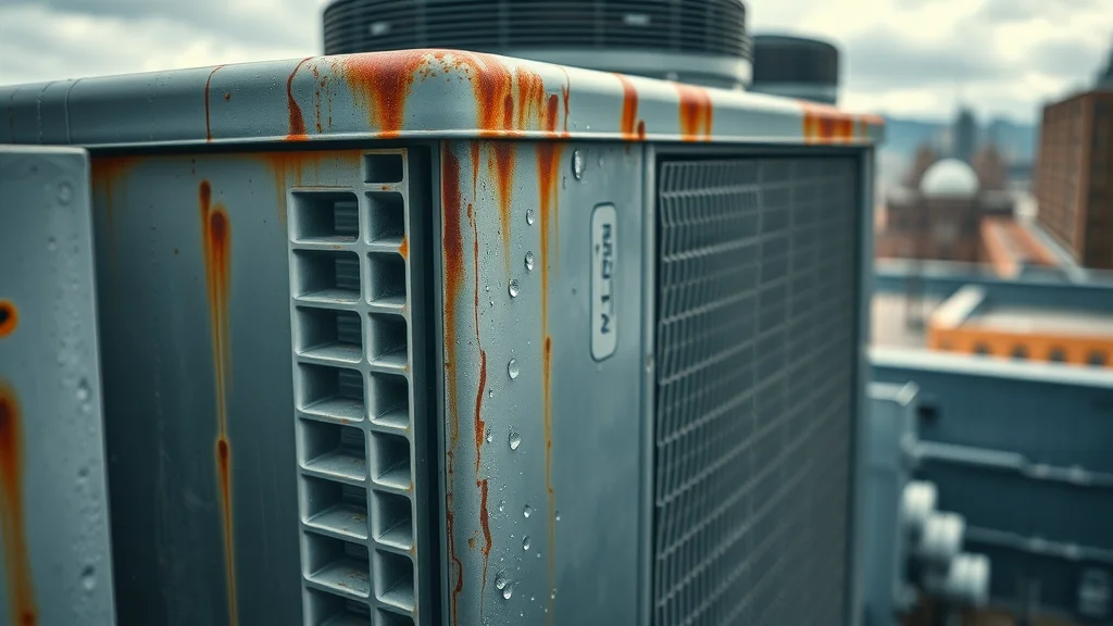 Commercial HVAC summer preparation: Outdoor condenser unit showing corrosion and humidity impact in Virginia after rain