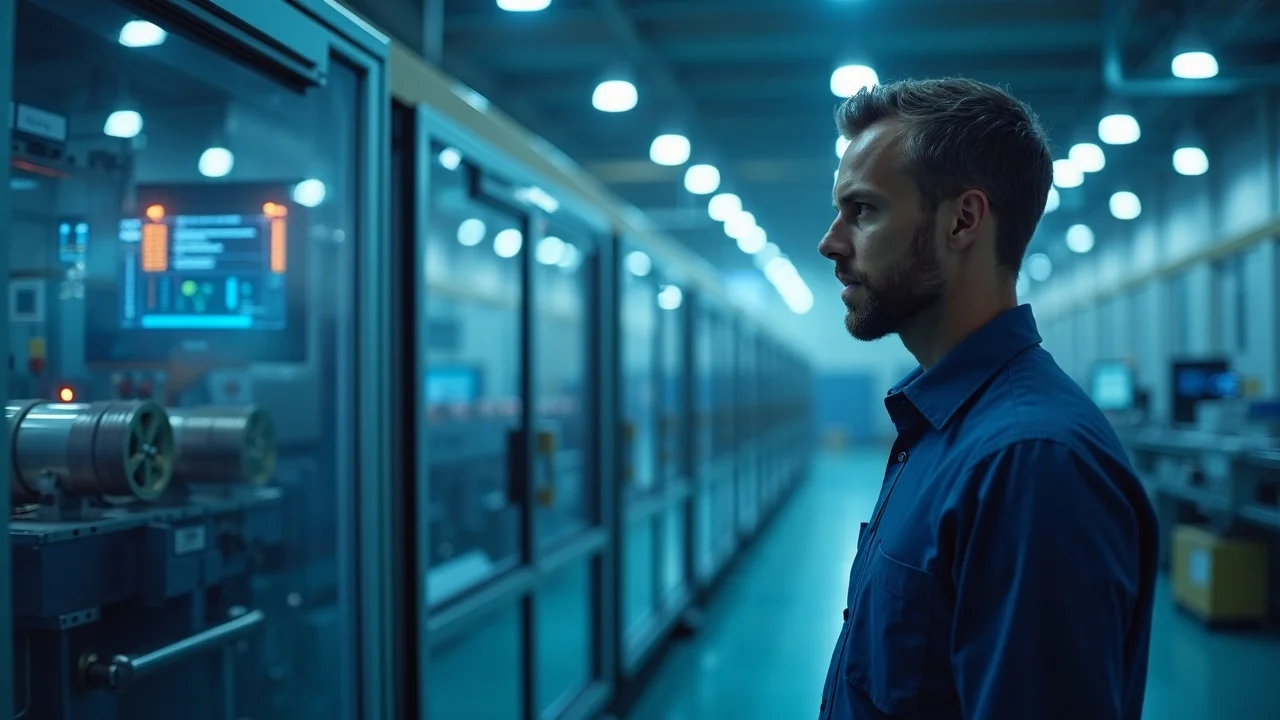 Manufacturing technician overseeing a fully automated wire processing line, monitoring digital dashboard in a high-tech industrial workspace