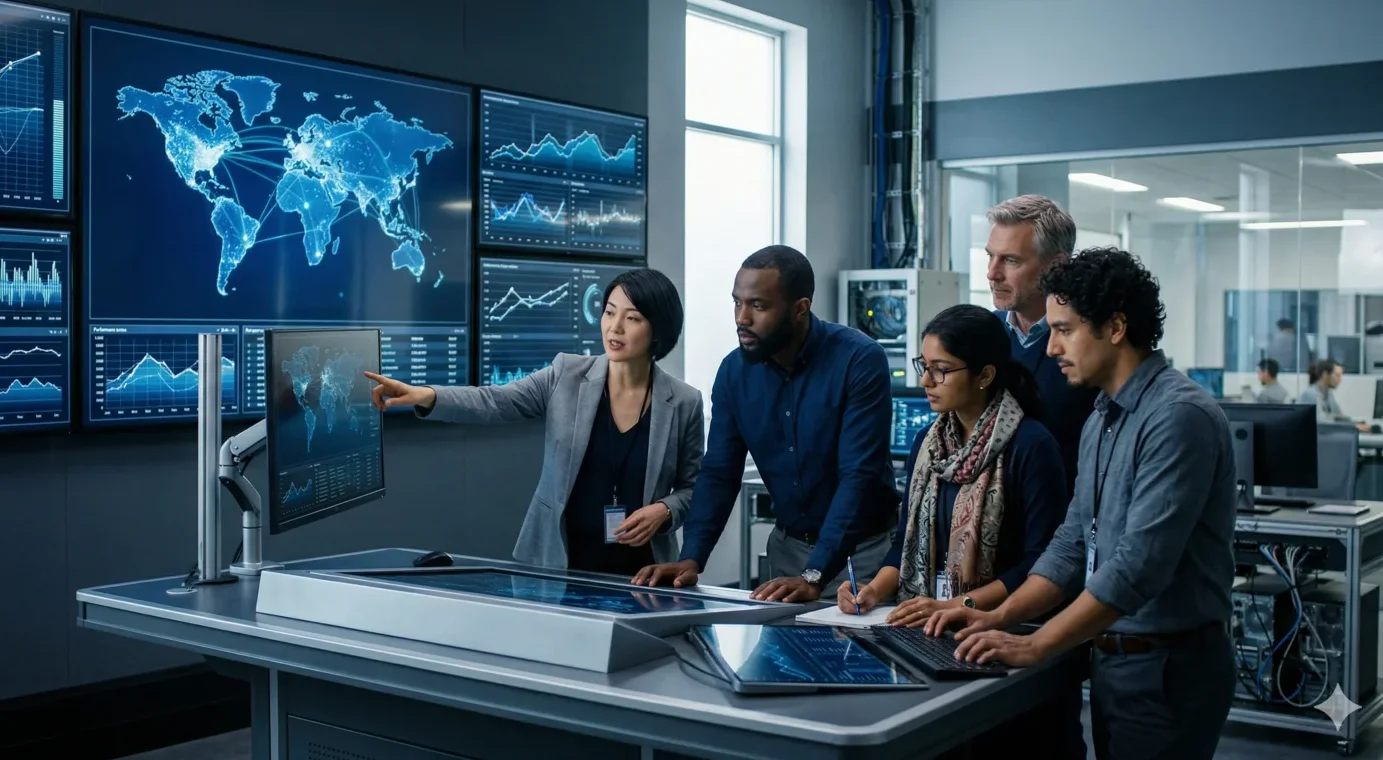 Diverse global manufacturing team monitoring downtime analytics on digital displays, demonstrating agentic AI manufacturing in operational use