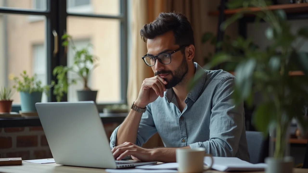Modern founder conducts an AI visibility audit research session on a laptop, actively building authority in AI search