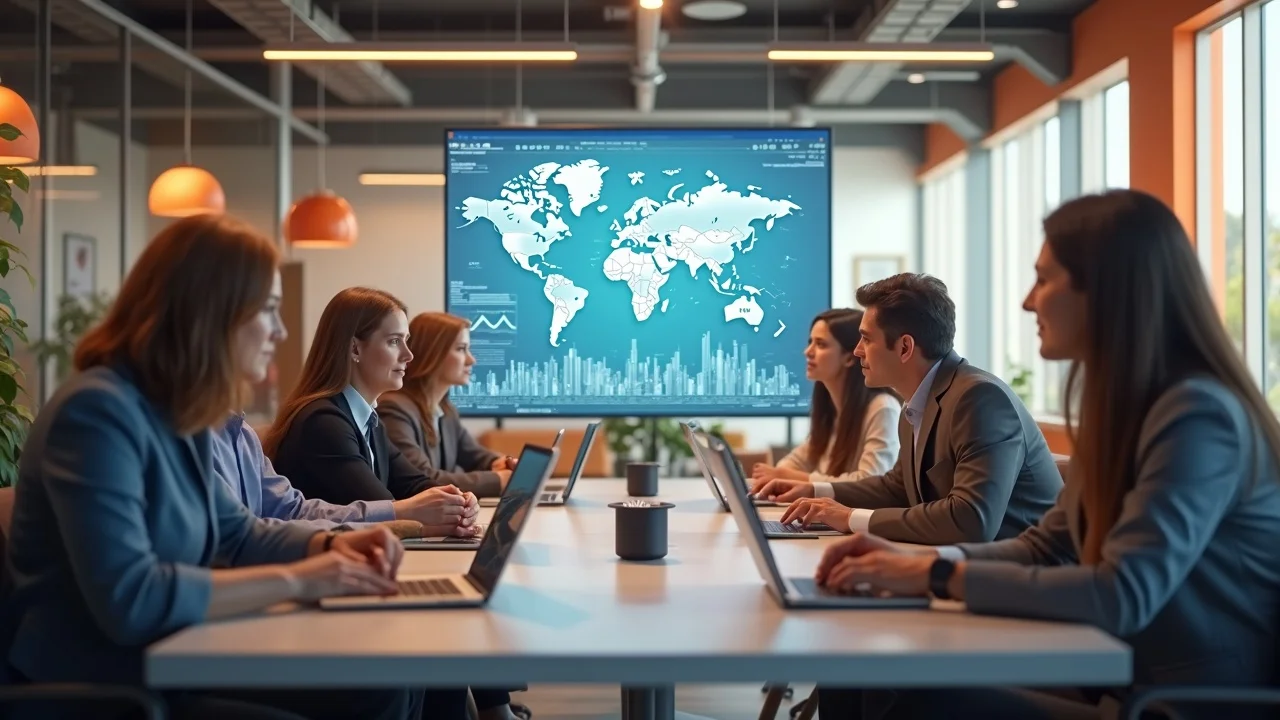 Orange County business professionals collaborating in office with AI and local SEO visual data