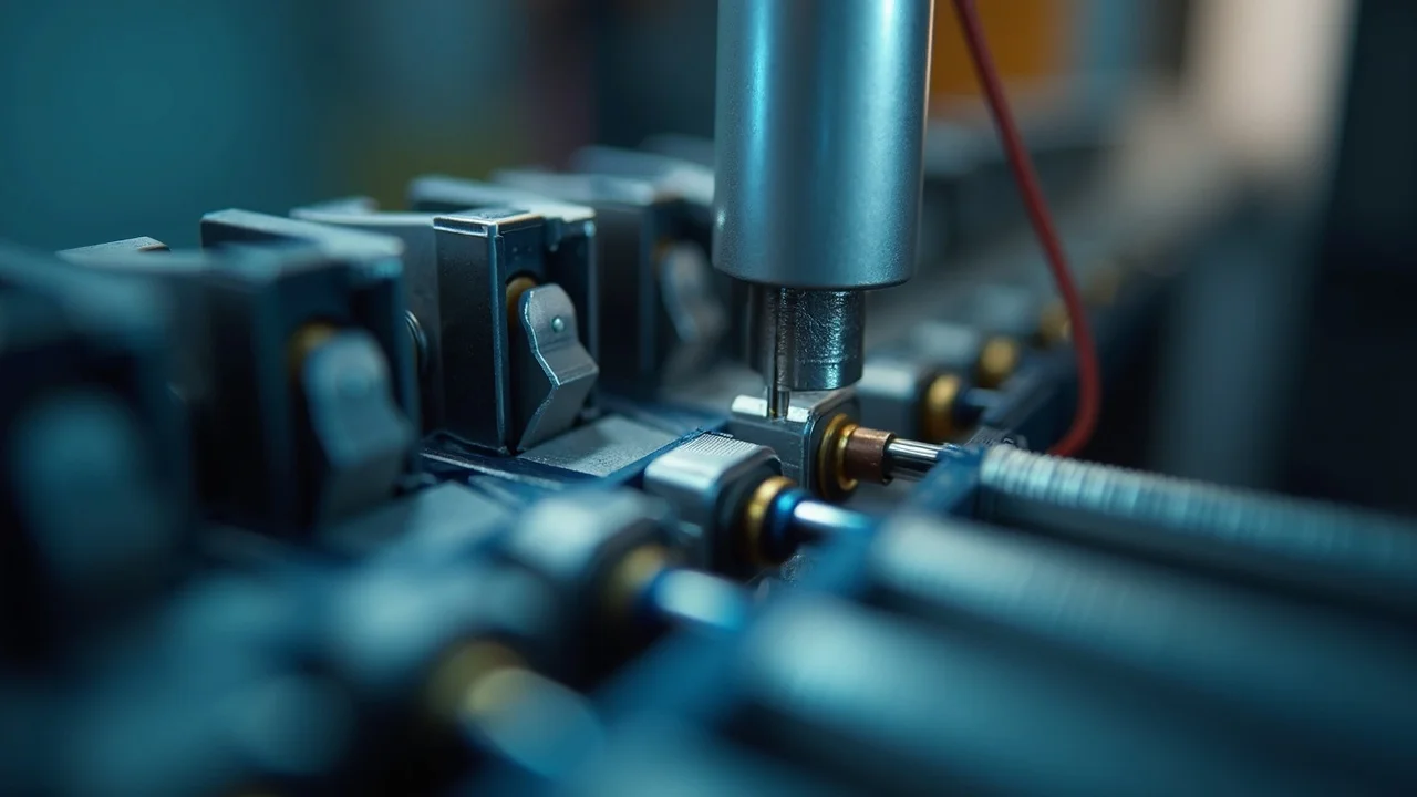 Close-up of automatic stripping and crimping machine performing precision wire processing in industrial environment