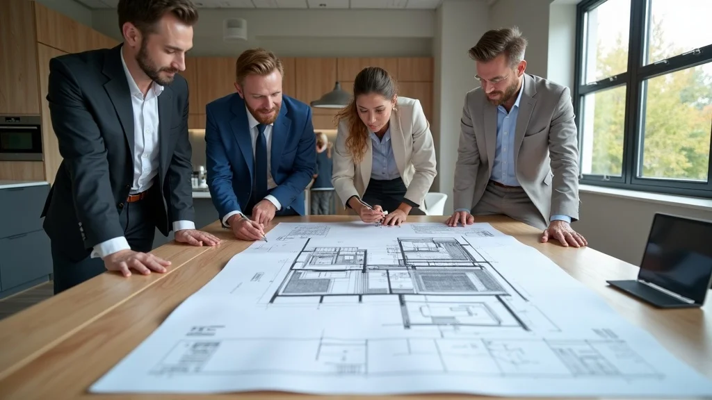 Architectural team collaboratively reviewing blueprints for steel frame homes illustrating innovation in the future of home construction