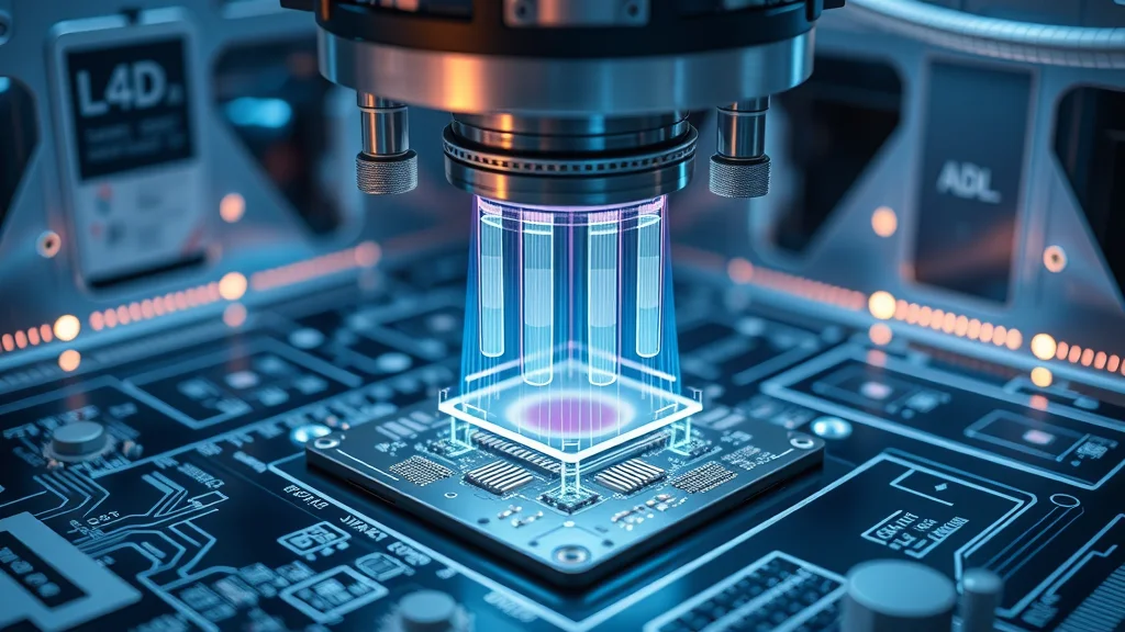 Next-generation 3D AI Automated Optical Inspection system scanning a circuit board in a cutting-edge electronics laboratory