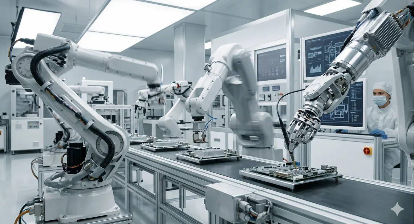 High-tech manufacturing line with AI-powered robotic arms performing quality control, emblematic of agentic AI manufacturing systems in innovation