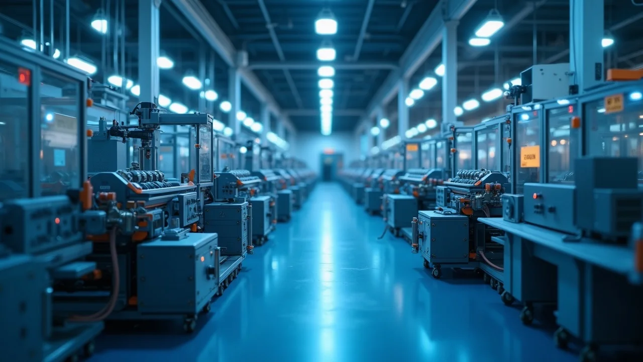 Panoramic view of a centralized wire processing center showing multiple automated machines linked in an efficient workflow