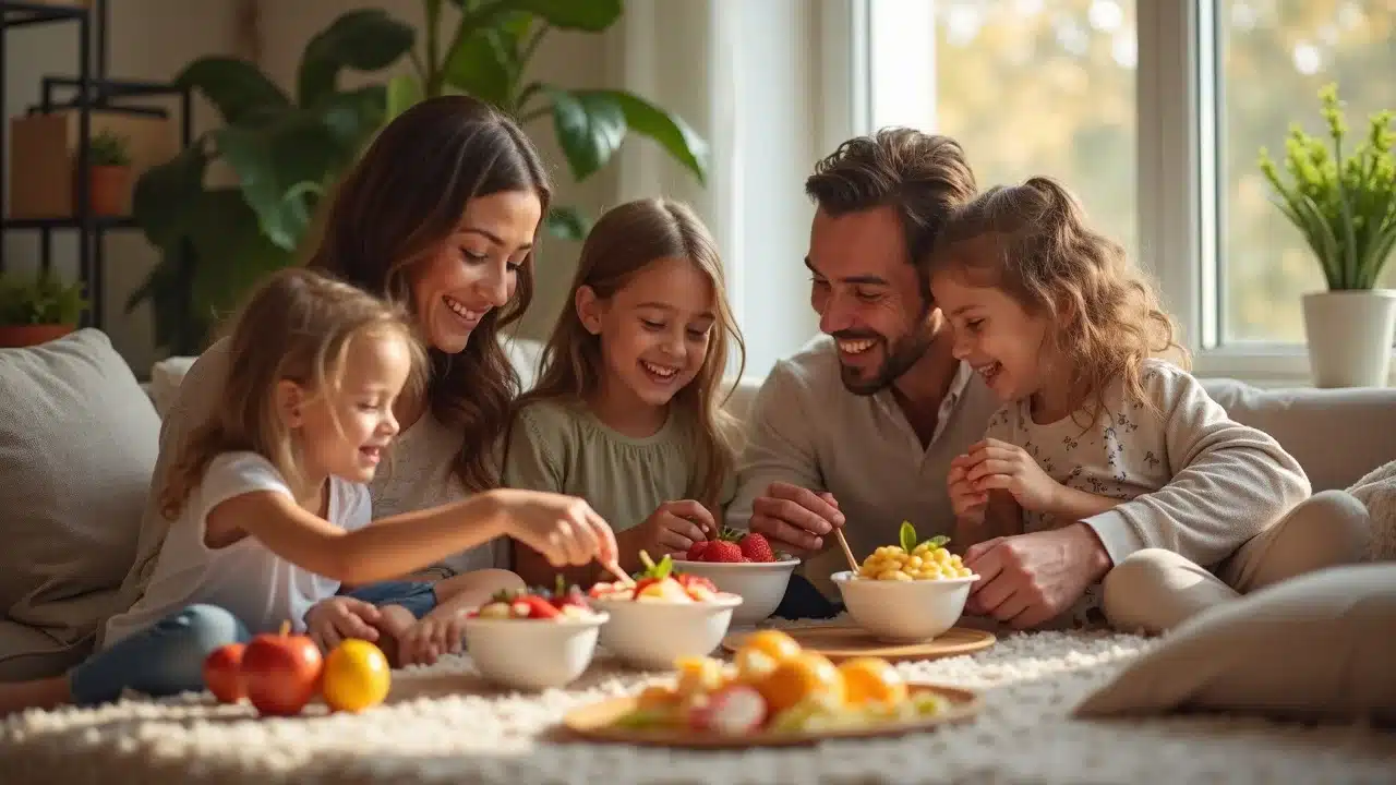 diverse family enjoying healthy snacks, smiling and reaching for colorful fruit whip snack packs in cozy living room