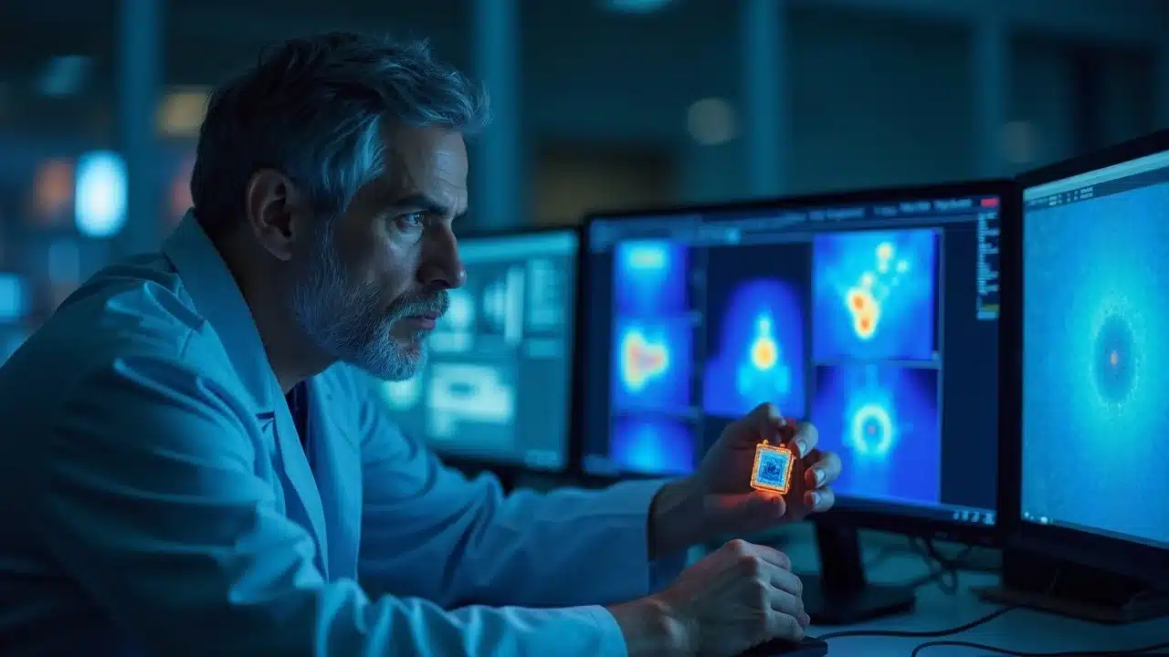 Engineer using thermoreflectance reliability semiconductor technique to analyze thermal imaging data of semiconductor device in high-tech lab
