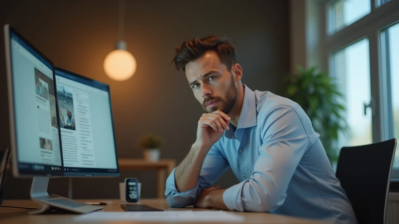 Concerned Orange County business owner reviewing digital presence on multiple devices in co-working space