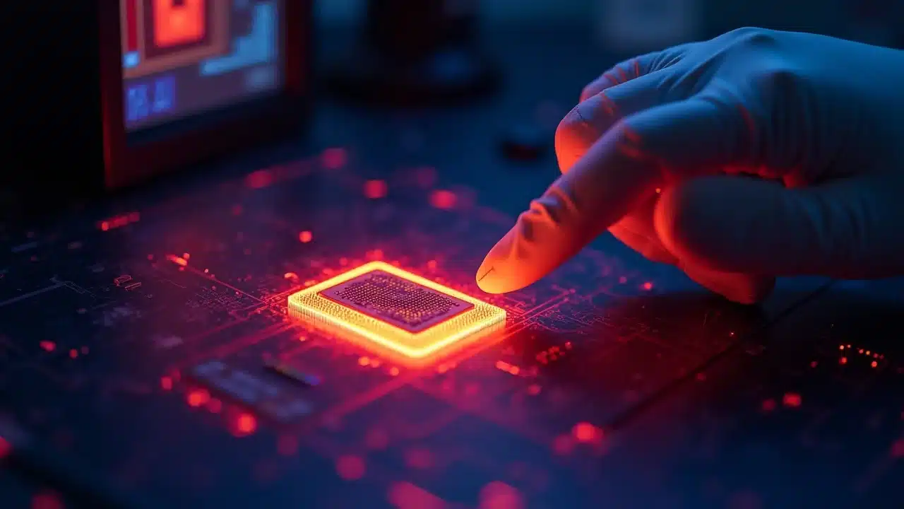 Close-up thermal map of semiconductor device highlighting vivid hotspots using thermoreflectance reliability semiconductor imaging