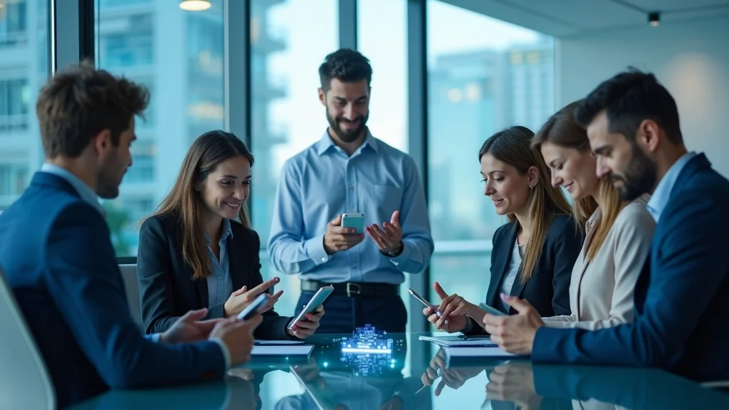 future of business texting illustrated by confident professionals using smartphones and digital devices in a modern office