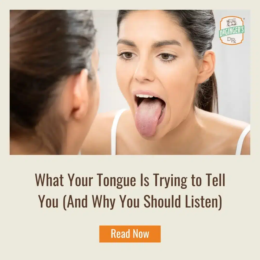 Woman examining her tongue in a mirror, highlighting oral health awareness and the importance of understanding tongue health, with Dr. Ginger's branding and a call-to-action for learning more about tongue signals.