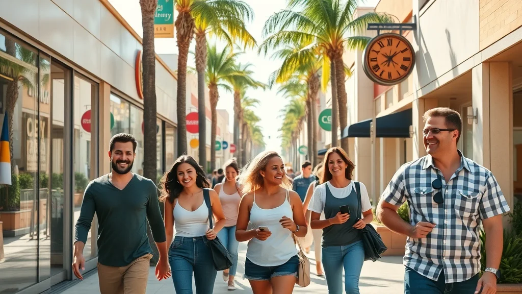 Vibrant Orange County commercial street with local businesses and diverse community engagement