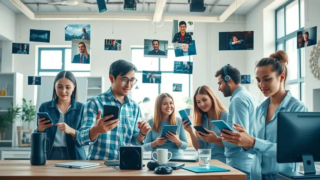 Group of diverse professionals engaging with smartphones and tablets in a modern office setting, surrounded by digital images and screens, illustrating collaboration and authority in AI-driven content strategies.