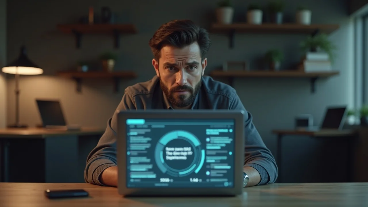 Concerned startup founder reviewing AI search results on laptop illustrating ai search visibility warning signs
