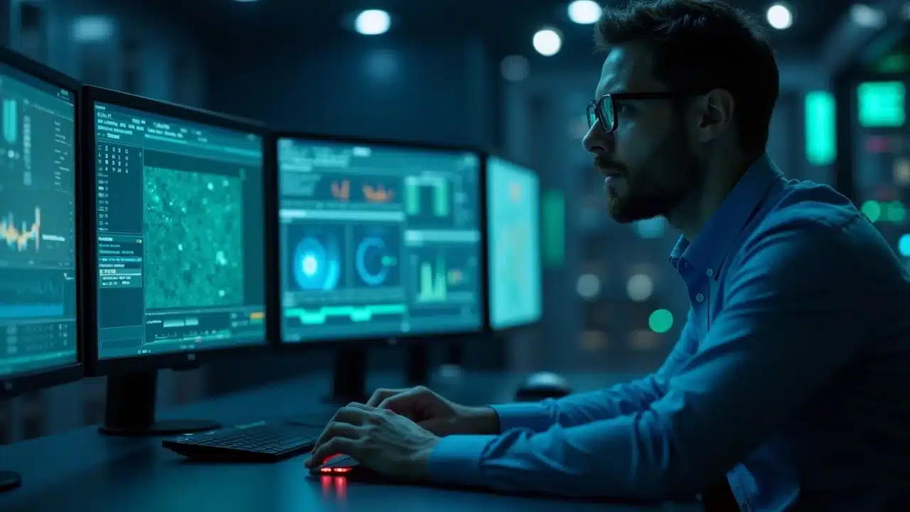 Professional engineer analyzing AI-driven hardware validation results across multiple high-resolution screens in a modern tech control room