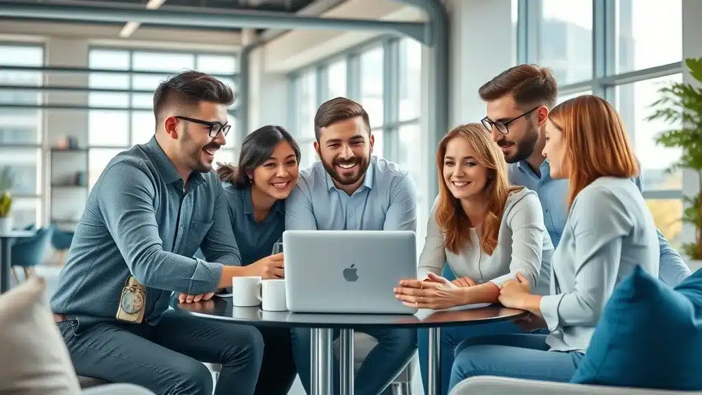 Digital marketing team collaborating on building digital authority strategies in a modern tech office