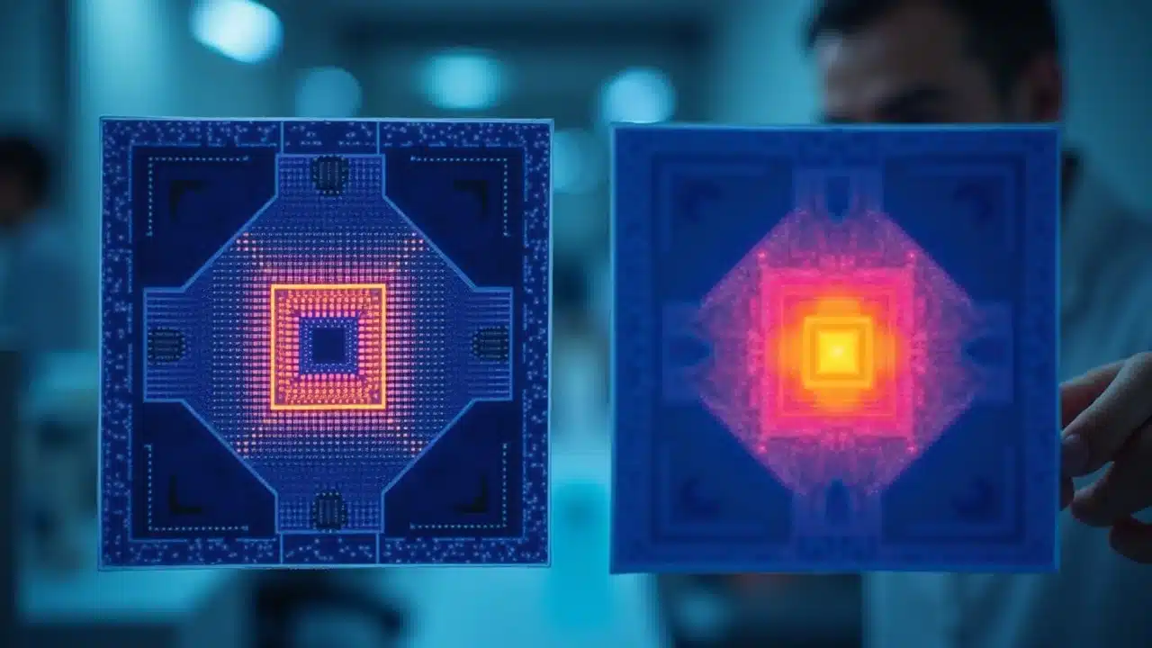 Side-by-side comparison of thermoreflectance versus traditional IR thermal imaging showing detailed hotspot mapping and blurred heat profile