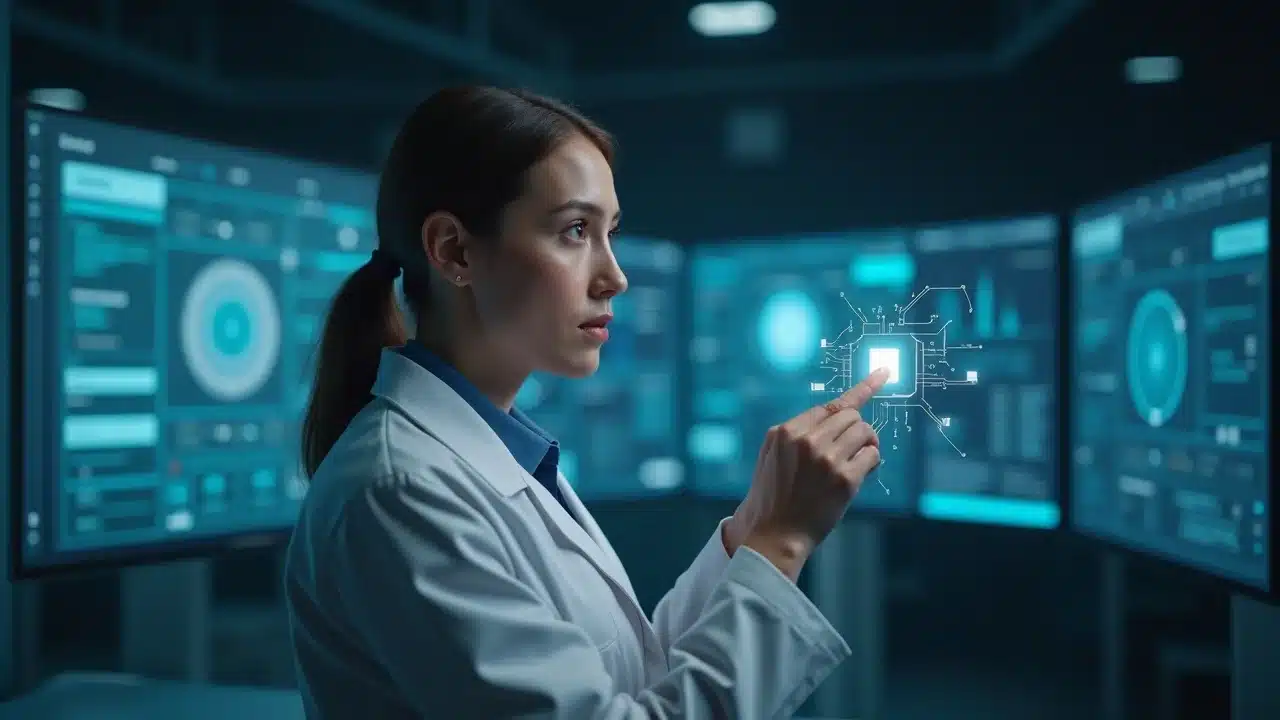 Hardware engineer focused on AI-driven validation results displayed on multiple high-resolution screens