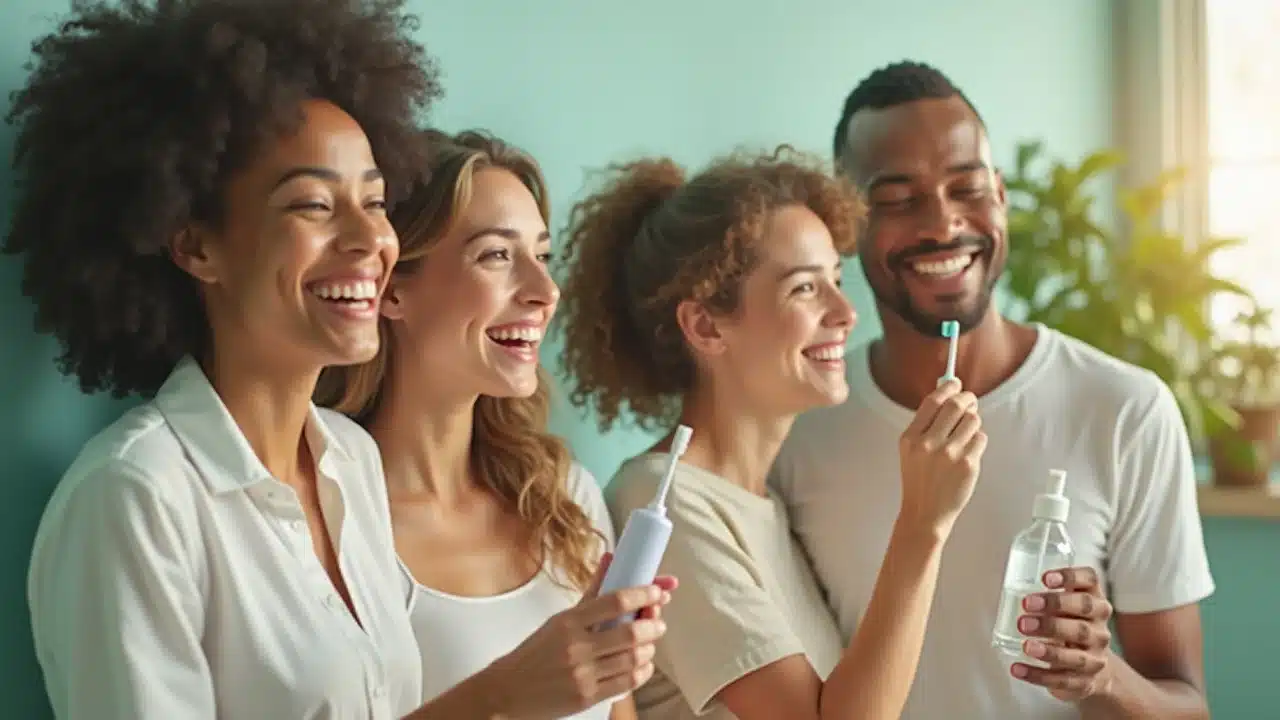 Group of diverse individuals smiling and holding natural oral care products, including toothbrushes and mouthwash, promoting healthy dental hygiene practices.