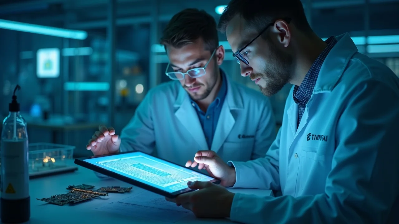 Engineers analyzing embedded resistive materials in modern PCB design laboratory