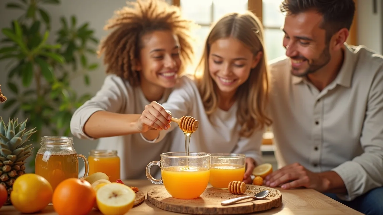 A breakfast spread featuring functional honey with pollen and propolis blend, enjoyed by a smiling family in a sunlit modern kitchen